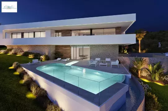 Luxusvilla mit 3 Schlafzimmern, 2 Bädern, 2 Gäste-WC, Untergeschoss, Klimaanlage, Fußbodenheizung, Privatpool und Meerblick