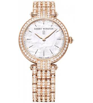 Harry Winston [NEW] Premier 31mm quartz 18K rose gold timepiece white light mother of pearl indexes set dial PRNQHM31RR004