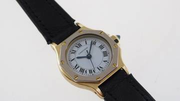 Thumbnail von Cartier Santos 18 Karat Gelbgold Santos Octagon Automatik Damenuhr mit seltener Weißgoldlünette </h1>