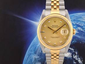  Rolex Datejust 36 16233 Gold Dial With Big Diamonds - Full Set  