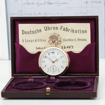  A. Lange & Söhne Full Set ¼ Repetition Taschenuhr Original Box Garantiekarte 14k Gold 1885 Exzellente Zustand mit Museums-Zertifikat 