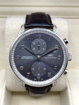  IWC Portuguese Chronograph 18Kt Whitegold Rhodium Dial Factory Diamonds Setting NICE Condition 