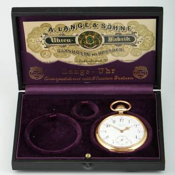 A. Lange & Söhne Grosse Lange 1 18k Gold Qualität 1A Taschenuhr mit Zertifikat und Etui 1890 Grosses kal. 45 Werk Gewicht 109g.