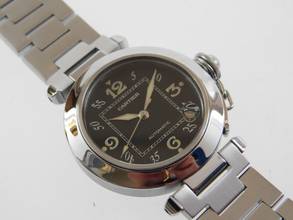 Thumbnail von Cartier Pasha C Automatik 35 mm Herrenuhr mit Stahlband im Top Zustand schwarzes Blatt selten mit schwarzem Zifferblatt