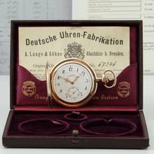Thumbnail von A. Lange & Söhne Full Set Glashütter Sprungdeckel Taschenuhr Royal mit Perlenrand 14k Gold 1908 Zertifikat vom Uhremnuseum in Glashütte Original Leder Etui