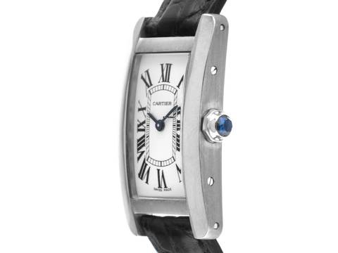  Cartier Tank Américaine Ref.2489 2002 Full Set wie Neu Vintage Tank Americaine PM Kleines Modell 18kt Weißgold Krokoleder Faltschließe 