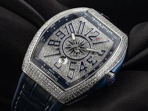 Thumbnail von Franck Muller Vanguard Blue Yachting Ref.V45SCDT 2021 Full Set Neu Vanguard Blue Yachting Diamanten 12,00ct Kautschuk Krokoleder Faltschließe