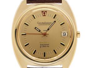  Omega Constellation Quartz Electroquarz 300Hz Ref.198.002 1972 original Box sehr gut Vintage Constellation Electronicquarz f300Hz 18kt Gelbgold 66g 
