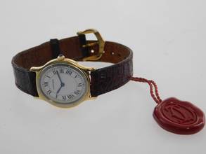 Thumbnail von Cartier Santos Dumont Arcade Paris Handaufzug 18 Karat Gelbgold mit Original Band und Schließe mit seltener 18 Karat Weißgoldlünette 24 x 31 mm Rarität