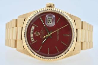 Thumbnail von Rolex Day-Date 36 Oyster Perpetual Day Date 18k Gold Stella Oxblood Red Dial Full Set LC USA