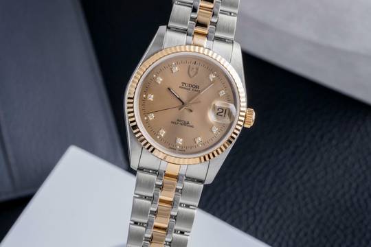  Tudor Prince Date Diamond Dial Stahl / Gold Automatik Medium Ref. 74033 Papiere 