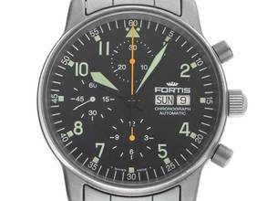 Thumbnail von Fortis Flieger (Submodel) Day-Date Ref.597.10.141 1995 Box&Beschreibung sehr gut Vintage Flieger Day-Date Chronograph Glasboden