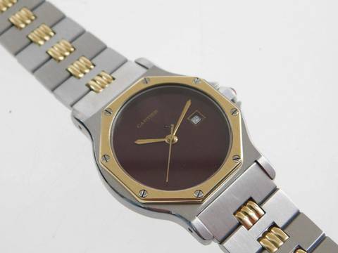  Cartier Santos Octagon Burgundy Automatik XL 30mm Stahl Gold im Top Zustand langes strammes Band perfektes Burgundy Dial 30 mm 