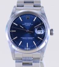 Thumbnail von Rolex Oyster Perpetual Date 15000 Automatic Blue Stick dial Oysterband Stahl 1985 Vintage rar