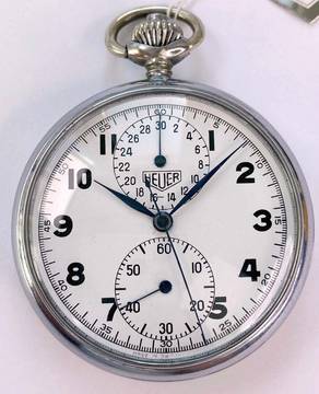  Heuer Vintage Pocket Watch with Chronograph Stahl 52mm Taschenuhr Steel Taschen Uhr 