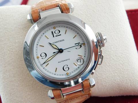  Cartier Pasha C Automatik 35 mm Herrenuhr mit Krokoband und Faltschließe im Top Zustand 