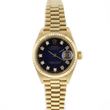  Rolex Lady-Datejust 26 Yellow Gold Blue Vignette Diamond Dial 