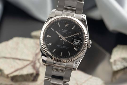  Rolex Oyster Perpetual Date 34 Black Dial Stahl Weissgold Automatik Herrenuhr Ref 115234 Papiere 