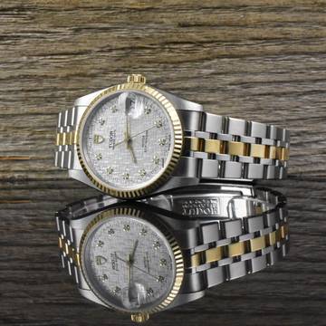  Tudor Prince Date NOS / UNGETRAGEN 74033 Linen Diamond Dial - B&P 2008 