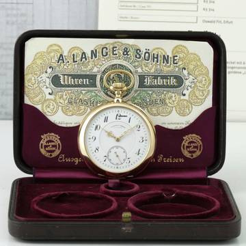 A. Lange & Söhne Grosse Lange 1 Echte Anker-Chronometer mit Gulliame-Unruh Etui & Museums Zertifikat 18k Gold 1A Sehr seltene Glashütter Ankerchronometer mit Großen Unruh