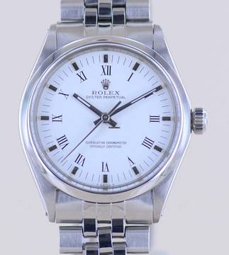  Rolex Oyster Perpetual 34 Vintage Jubiléband White dial Chronometer 1975 B+P rar 