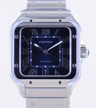  Cartier Santos de Cartier Roman blue Dial Date Stahl Automatik Klassiker B+P 