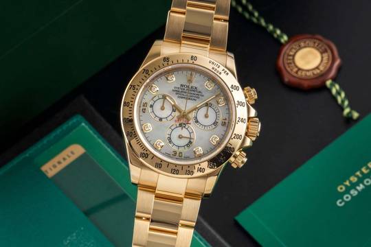  Rolex Daytona Chronograph 18k Gold MOP Diamond Dial Ref. 116528 B&P 2014 LC100 