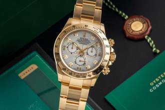  Rolex Daytona Chronograph 18k Gold MOP Diamond Dial Ref. 116528 B&P 2014 LC100 