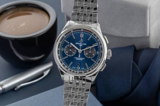  Breitling Premier B01 Chronograph Blue Automatik Herrenuhr Ref AB0118A61C1A1 B&P 
