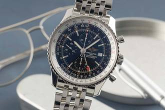 Breitling Navitimer World GMT Chronograph stainless steel automatic Ref. A24322 B&P