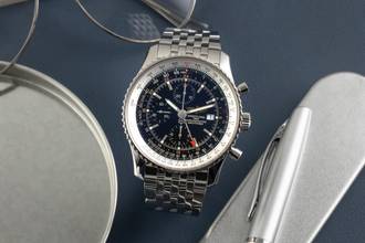 Thumbnail von Breitling Navitimer World GMT Chronograph stainless steel automatic Ref. A24322 B&P