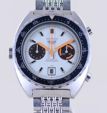  TAG Heuer Autavia Orange Boy Chronograph Vintage Automatic Cal 12 Silver dial rar 
