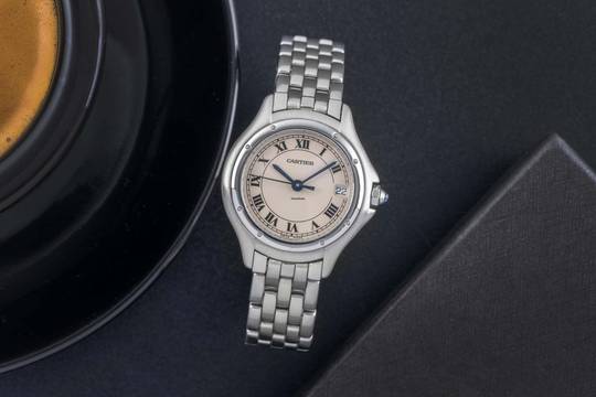  Cartier Cougar Stahl Quarz Roman Dial Damenuhr Ref. W35001F5 Klassiker 