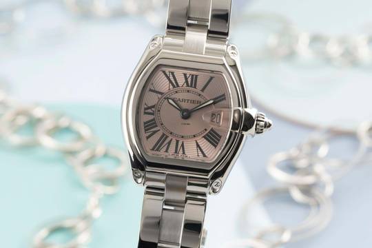  Cartier Roadster Pink Dial Edelstahl Quarz Damenuhr Ref. W62017V3 2675 