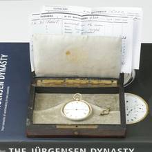 Thumbnail von Jules Jürgensen unique piece, brand new Bagnolet caliber with archive excerpt, book, and wooden case 1845 1900. Featured and described in Jürgensen book on two pages.