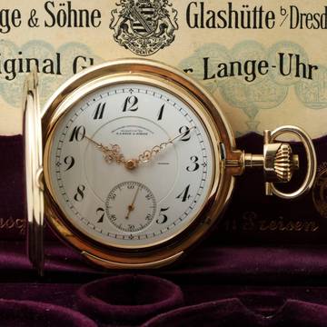 A. Lange & Söhne Gr. Schwere Louis XV Savonette Taschenuhr 14k Gold 1918. Original Etui und Papiere Exzellente Zustand