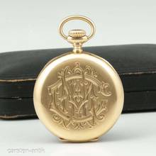 Thumbnail von Patek Philippe 56mm 135g. 18k gold Chronometro Gondolo with original box pocket watch. 1915 Rare: double signature on dial beautiful case