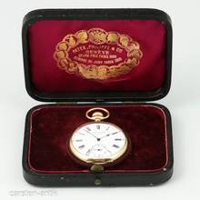 Thumbnail von Patek Philippe 56mm 135g. 18k gold Chronometro Gondolo with original box pocket watch. 1915 Rare: double signature on dial beautiful case