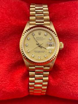  Rolex Lady-Datejust 26 Yellowgold 18Kt. champagne Diamond Dial With box+papers President bracelet nice condition 