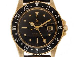 Thumbnail von Rolex GMT-Master Nipple Dial Ref.1675 1972 Box&Beschreibung sehr gut Vintage GMT Master 18kt Gelbgold Nipple Dial open 6/9