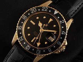 Thumbnail von Rolex GMT-Master Nipple Dial Ref.1675 1972 Box&Beschreibung sehr gut Vintage GMT Master 18kt Gelbgold Nipple Dial open 6/9