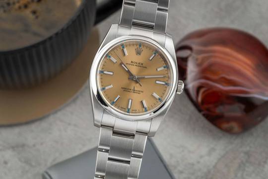  Rolex Oyster Perpetual 34 White Grape Dial Stahl Automatik Ref. 114200 B&P 2018 