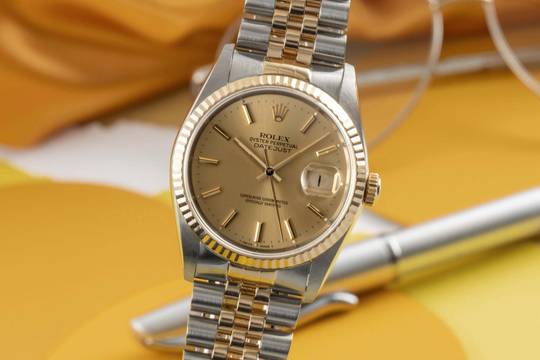  Rolex Datejust 36 Gold Dial Stahl / Gold Automatik Herrenuhr Ref 16233 B&P 1990 