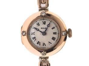 Rolex Art Deco 1920 original box, original vintage, unpolished Art Deco cocktail watch, 9kt rose gold, diamonds, folding lid