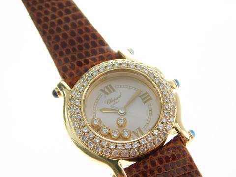  Chopard Happy Sport 18 Karat Gelbgold mit original Brillantlünette und 5 Brillanten im Blatt doppelte Brillantlünette plus fliegende Brillanten im Blatt 