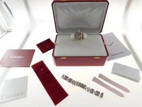 Thumbnail von Cartier Roadster Lady mit original Stahlband und rosa Zifferblatt im Top Zustand mit drei original Bändern zum wechseln im Top Zustand