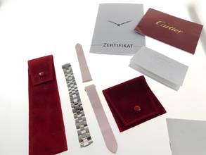 Thumbnail von Cartier Roadster Lady mit original Stahlband und rosa Zifferblatt im Top Zustand mit drei original Bändern zum wechseln im Top Zustand