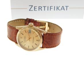 Thumbnail von Rolex Datejust 18 Karat Gelbgold Datejust 31 mm Medium mit Krokoband und original Schließe original Box im Top Zustand von 1977
