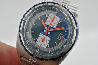 Thumbnail von Breitling Chrono-Matic Bullhead Vintage Chronograph blue dial 2117 Box Papers Vintage Manual Wind