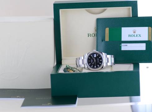  Rolex Oyster Perpetual Date black 34mm Stick Dial Oysterband Steel 115200 Automatic B+P Top 